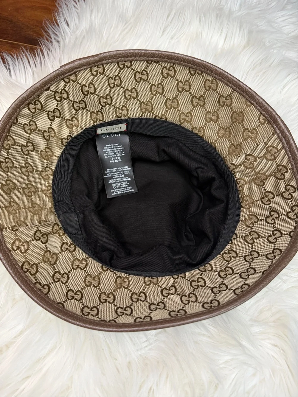 Gucci Tan/Brown GG Monogram Leather-Trim Cap